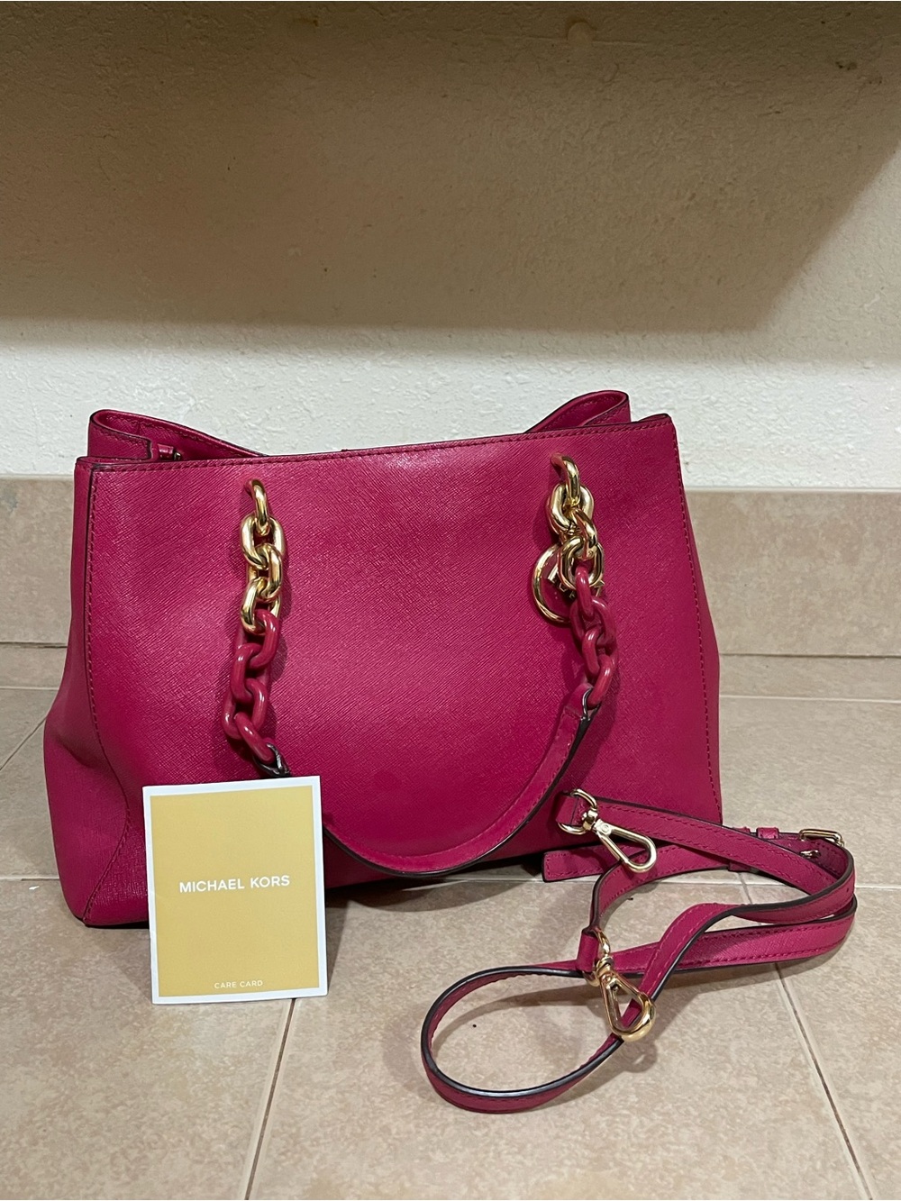 Michael Kors Hot Pink Saffiano Leather Shoulder Bag with Gold Hardware